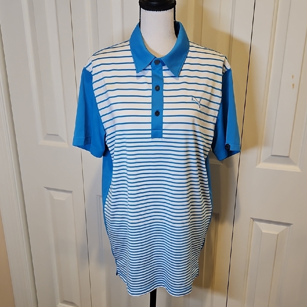 Puma Blue White Striped Polo Shirt M Dry Cell Sport Lifestyle